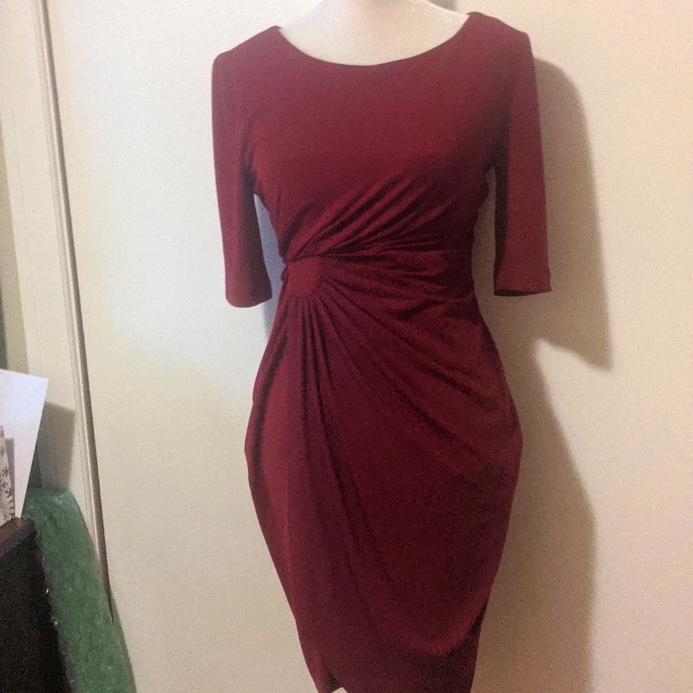 Red Dress - Asymmetrical Side Gather Sheath by Connected Apparel